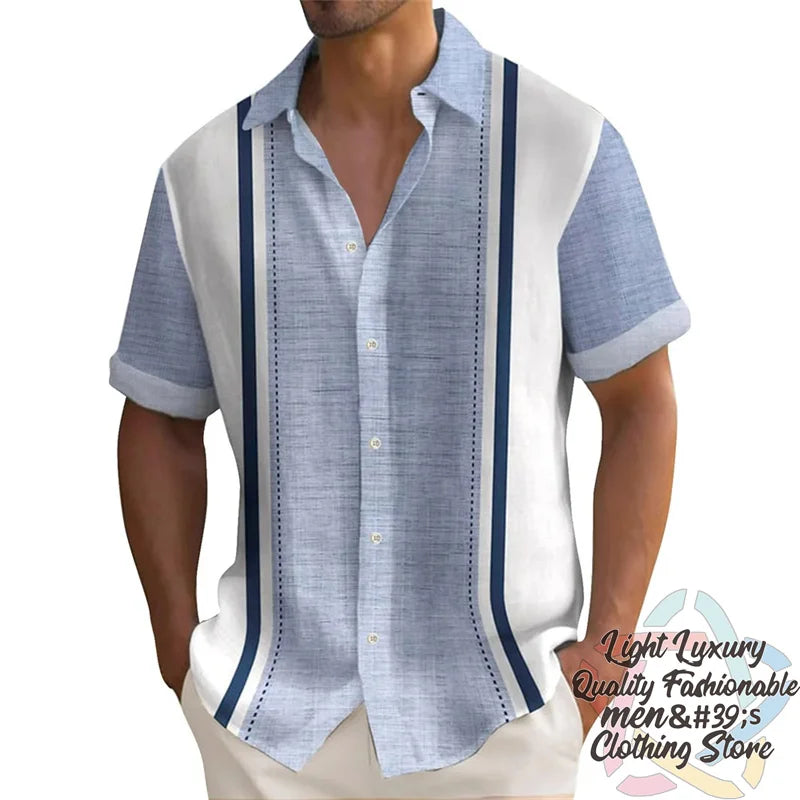 Men's summer striped linen print shirt by Ansoff, casual short-sleeved Hawaiian style with oversized fit and button collar.