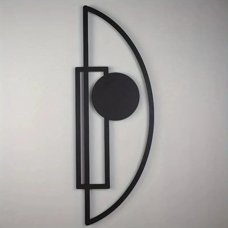 Elegant Black Metal Geometric Wall Art – Modern Vertical Abstract Decor with Circle & Rectangle Design – Ideal for Living Room