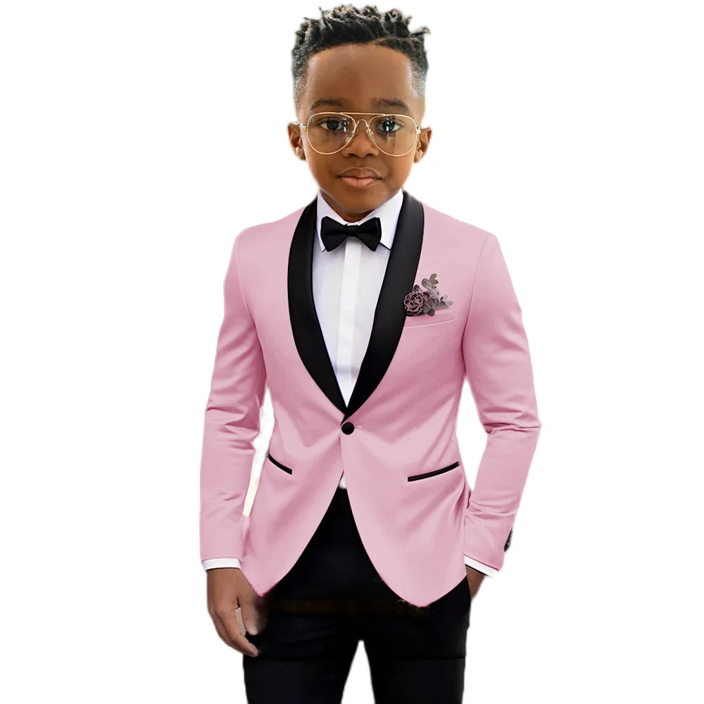 Children's slim fit tuxedo suit with shawl lapel, one-button design, suitable for weddings and formal parties, by Ansoff.