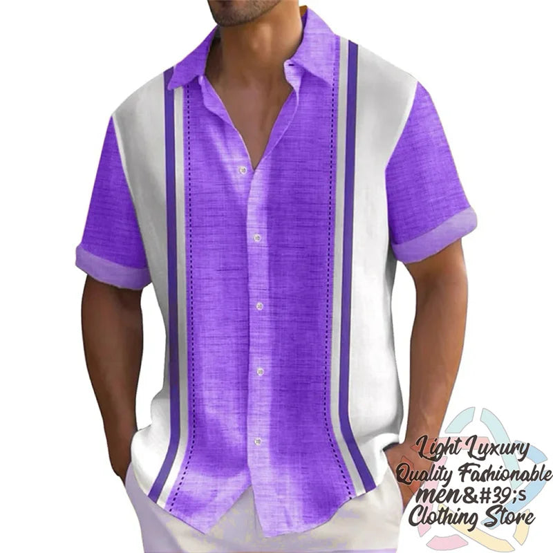 Men's summer striped linen print shirt by Ansoff, casual short-sleeved Hawaiian style with collar and oversized fit.
