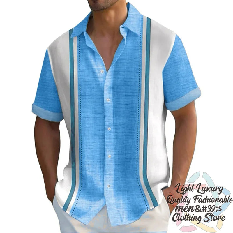 Men's short-sleeved linen striped Hawaiian shirt by Ansoff, casual oversized summer top with button collar, vibrant print.