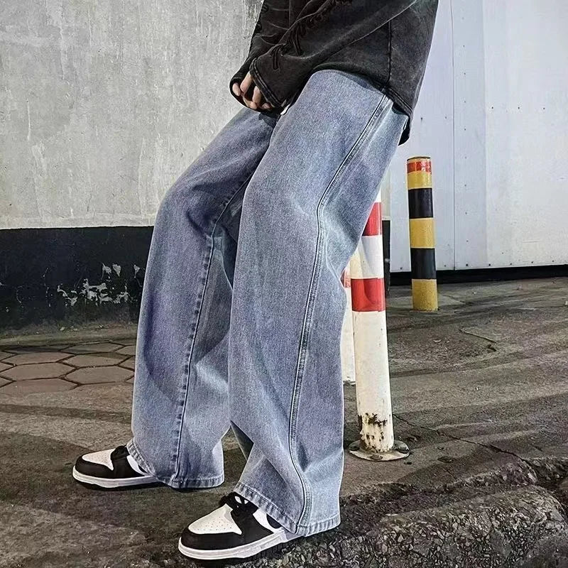 Black and light blue loose streetwear jeans for men, Korean style wide-leg pants by Ansoff, casual fashion straight fit.