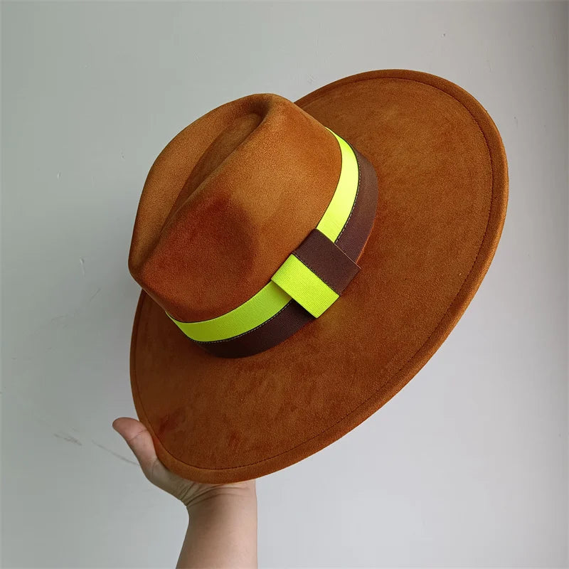 Colorblock ribbon suede felt hat by Ansoff, featuring a wide brim, retro British style for women and men in autumn and winter.