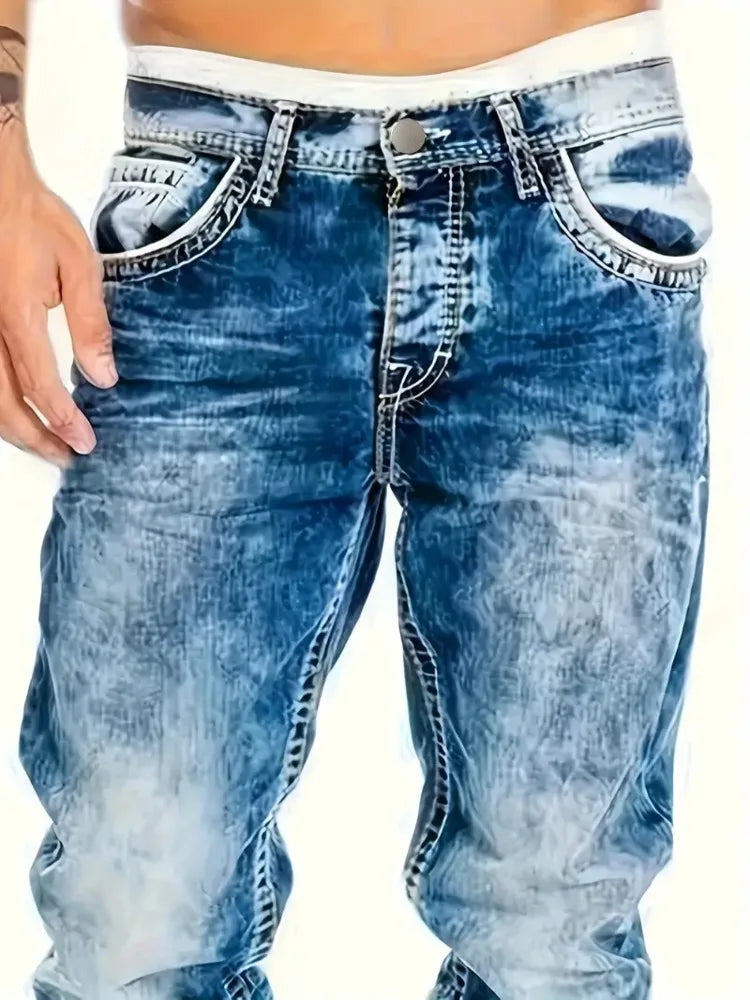 European American Jeans men's slim elastic denim trousers with vintage wash, fashionable streetwear style by Ansoff