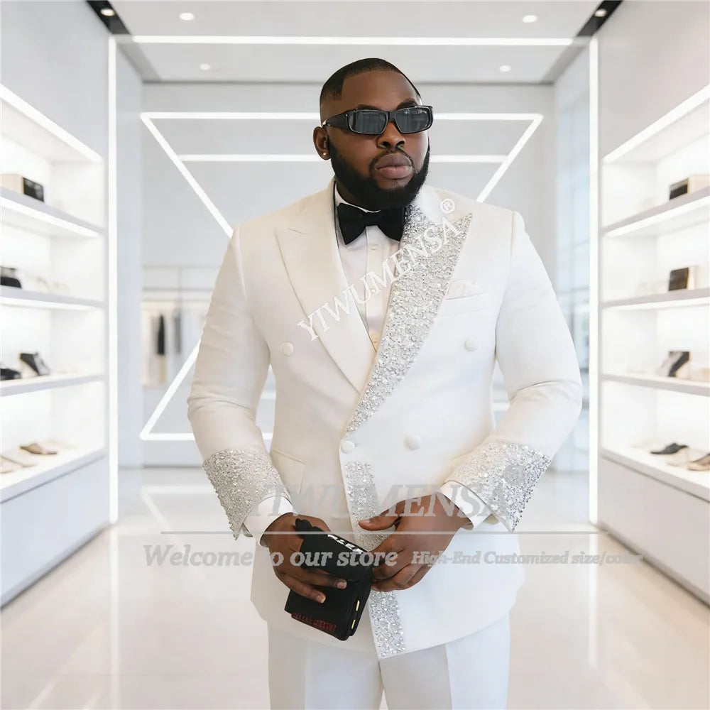 Unique Design Beading Pearls Suits Men Plus Size Double Breasted Jacket Pants 2 Piece Set Groom Tuxedos Customized Male Outfits