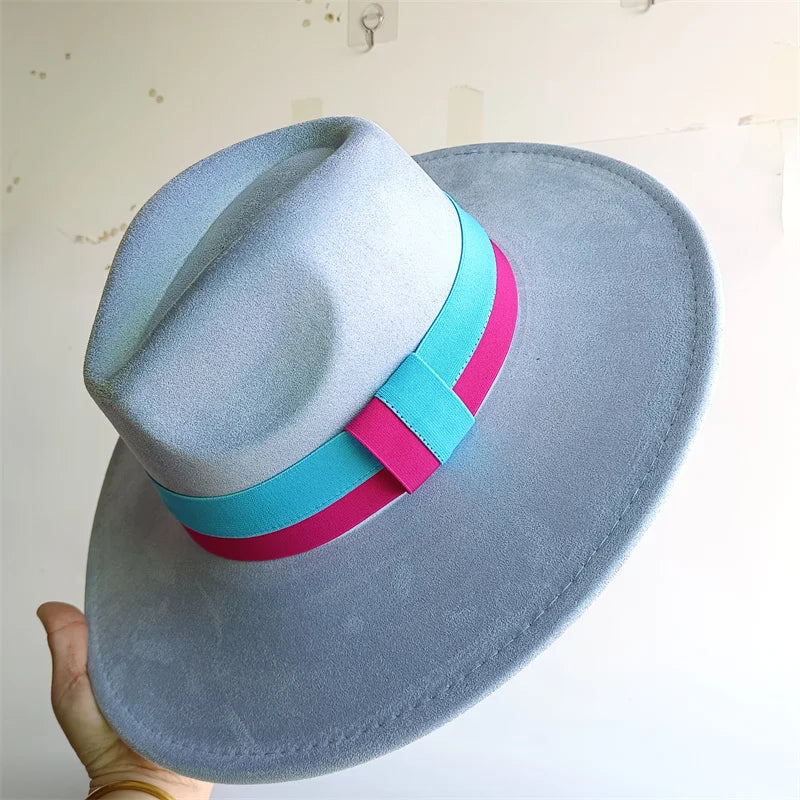 Colorblock ribbon suede felt hat by Ansoff, featuring a wide brim, retro British style for women and men in autumn and winter.