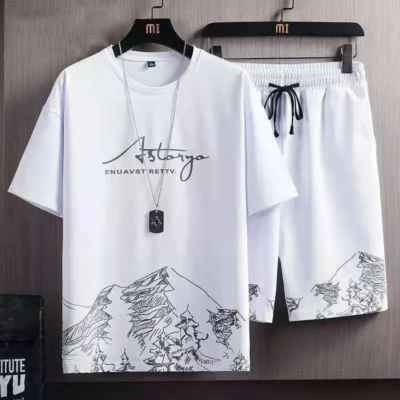 Men's casual sport ice silk suit by Ansoff, featuring printed sweatshirt and sweatpants for outdoor jogging and fitness activities.