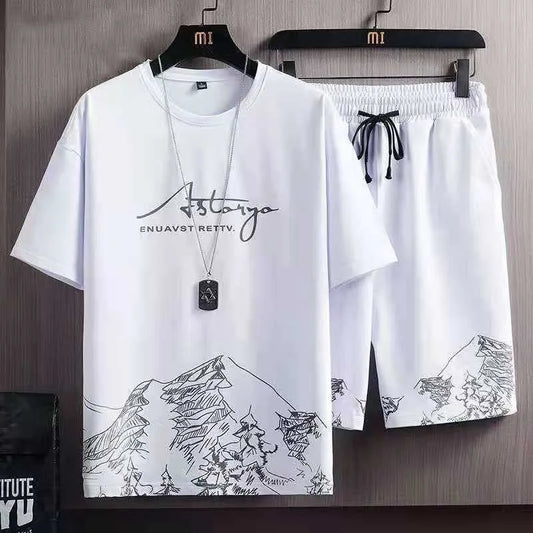 Men's casual sport ice silk suit by Ansoff, featuring printed sweatshirt and sweatpants for outdoor jogging and fitness activities.