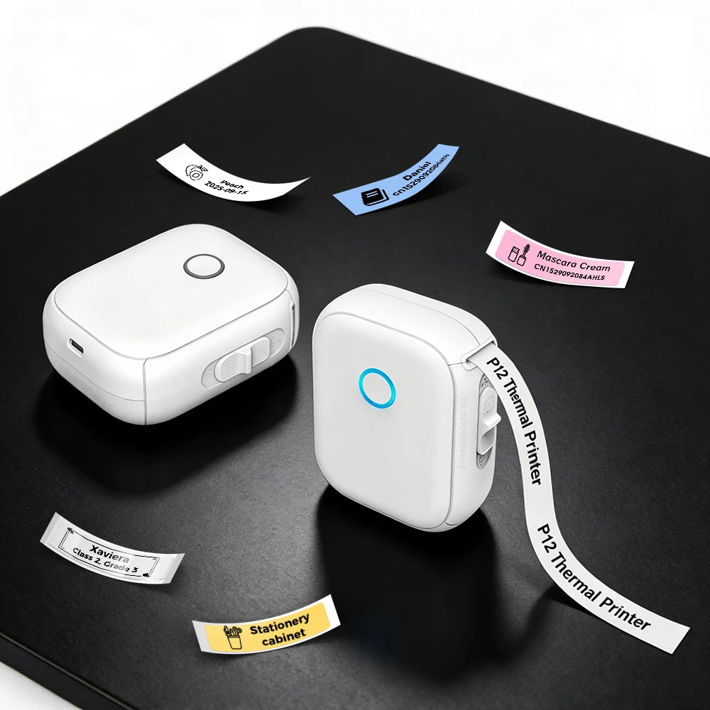 Portable Mini Printer Marklife P12 Thermal Printer Adhesive Sticker Labeling Machine P12 Label Maker or 1PK Continues Label Tape - Acros