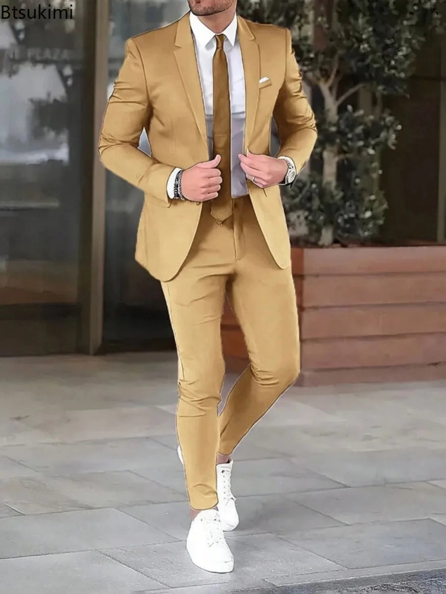 Ansoff men's slim fit suit set featuring a blazer jacket and matching pants, ideal for formal parties and weddings.