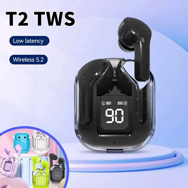 Original T2 Wireless Bluetooth Earphone Transparent HIFI Headphones LED Power Digital Display Stereo Sound Earphones for Xiaomi - Acros