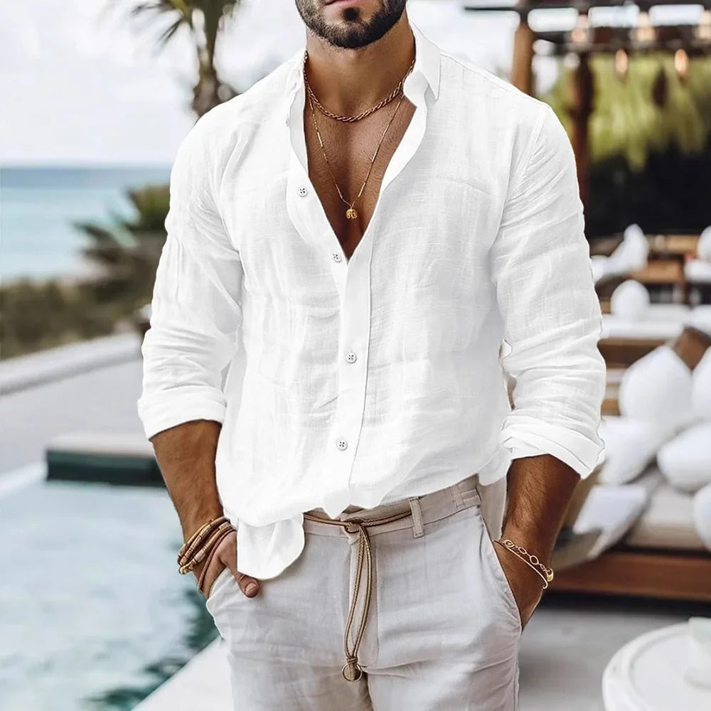 Ansoff men's cotton linen summer beach shirt with solid color, single-breasted design, lightweight and breathable button-up top