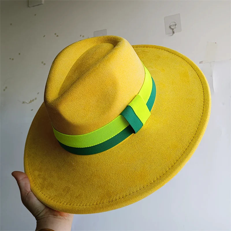 Colorblock ribbon suede women's and men's felt hat with wide brim, British style, perfect for autumn and winter fashion.