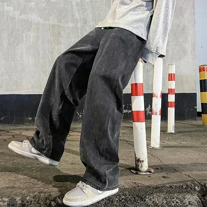 Men's loose streetwear jeans by Ansoff, black and light blue wide-leg straight pants with Korean fashion style.