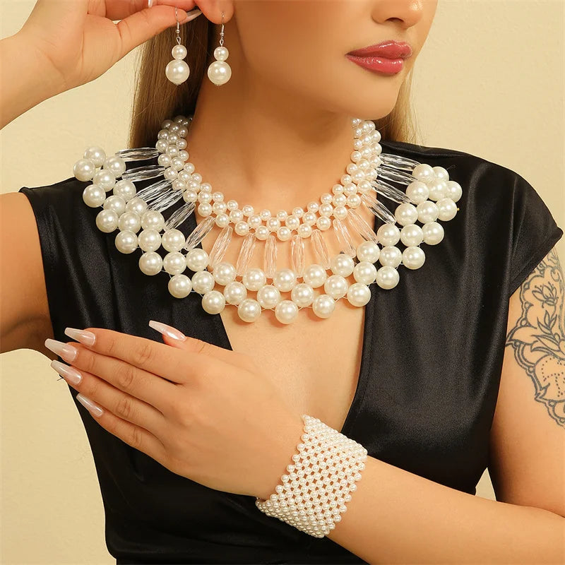 3pcs/set Multi Layer Imitation Pearl Jewelry Set Party Colorful Necklace Earrings Bracelet Set For Women African Jewelry Gifts
