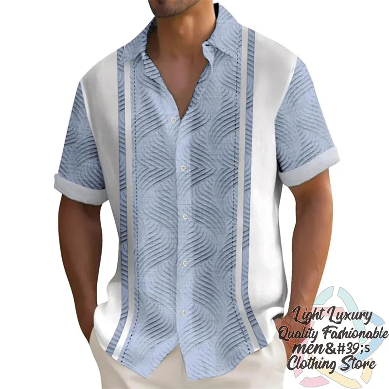 Men's Ansoff summer striped linen casual short-sleeved Hawaiian shirt with oversized fit and collar, featuring a colorful print.