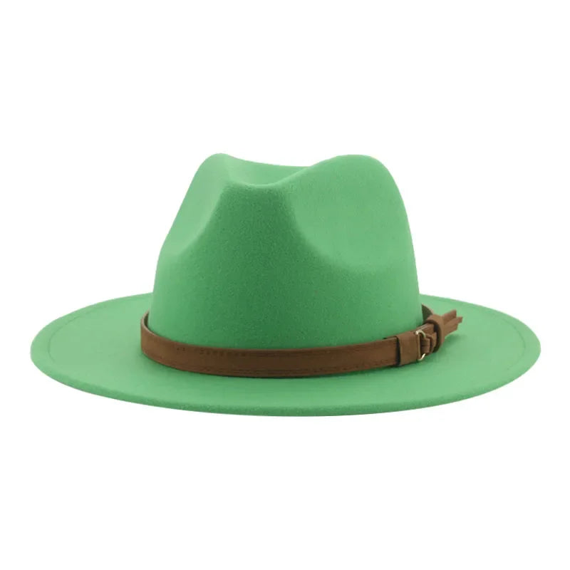 Ansoff wide brim fedora hat for women and men in khaki and black, featuring a band and belt, suitable for formal winter wear.