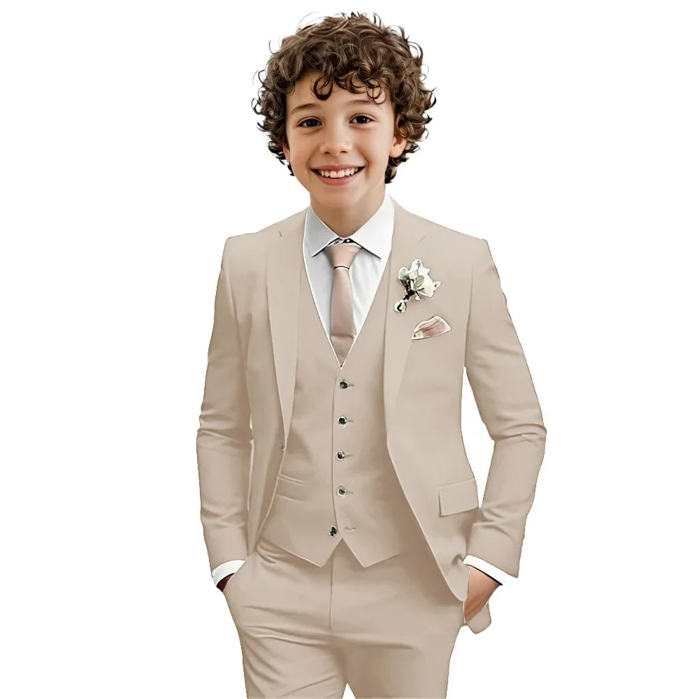 Multi-color boys suit set by Ansoff featuring a formal 3-piece tuxedo with notched lapel, suitable for weddings and parties.