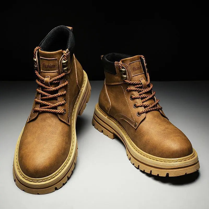 Ansoff men's leather motorcycle boots with high-top design, non-slip outdoor soles, and comfortable platform for work and casual wear.