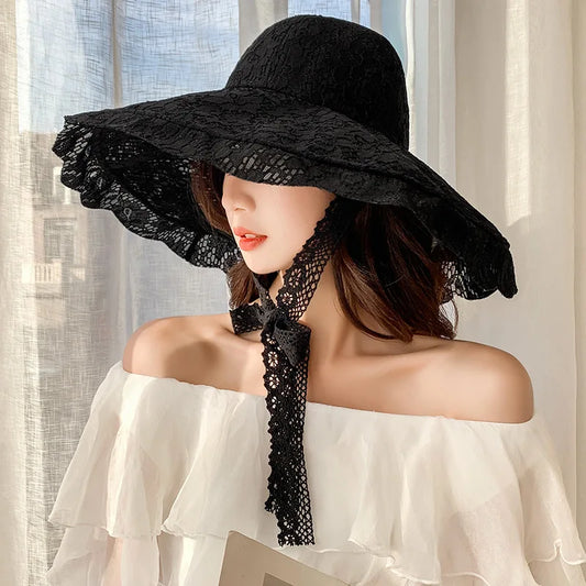 Summer Lace Sun Hat Women  Wide Brim Sun Hat Women Lace Hat Summer White Black Lace Party Wedding Packable Beach Hat