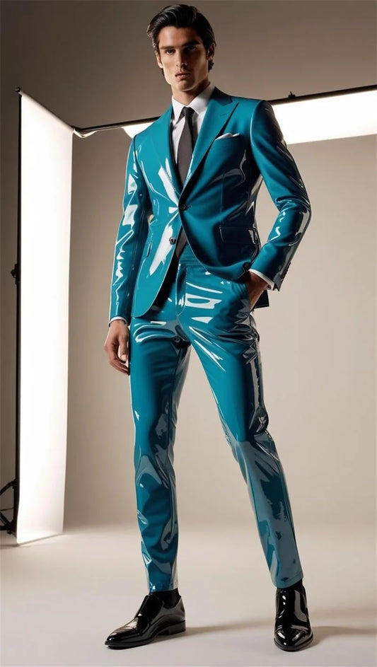Blue PU Leather Men Suits Set 2 Piece Blazer+Pants Trousers Wedding Tuxedo Formal Office Groom Prom Jacket Business Coat