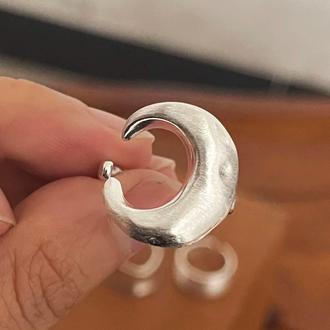 Sterling silver minimalist moon rings for women, handmade wide band set, allergy-free jewelry for parties and gifts.