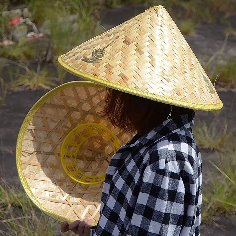Handmade Chinese retro bamboo rattan fisherman hat with weave straw design, sunshade brim, perfect for rain or outdoor activities.