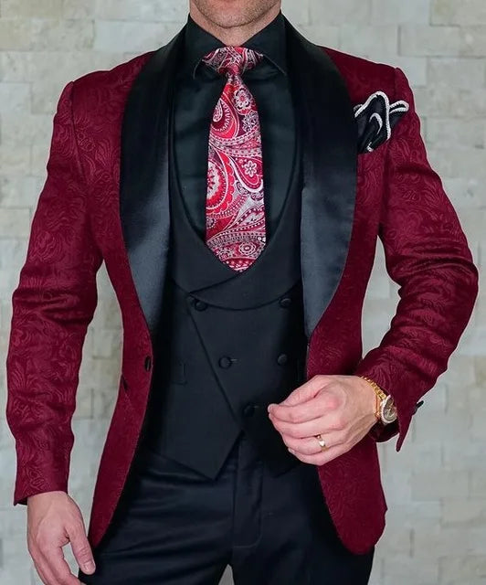 Men's black Italian design wedding suit by Ansoff, 3-piece tuxedo set with coat, vest, and pants for grooms in formal attire.