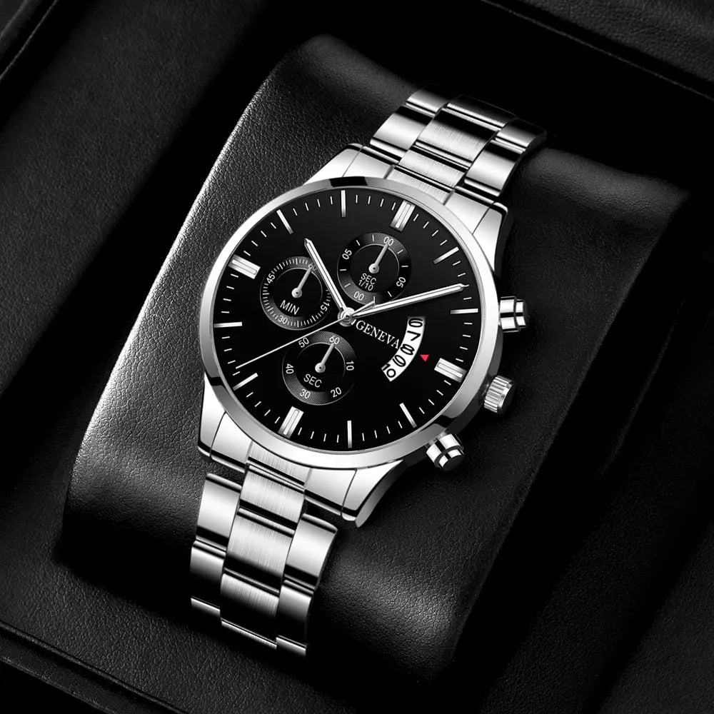 Luxury men's silver stainless steel quartz wrist watch by Ansoff, featuring a calendar clock and elegant business design.