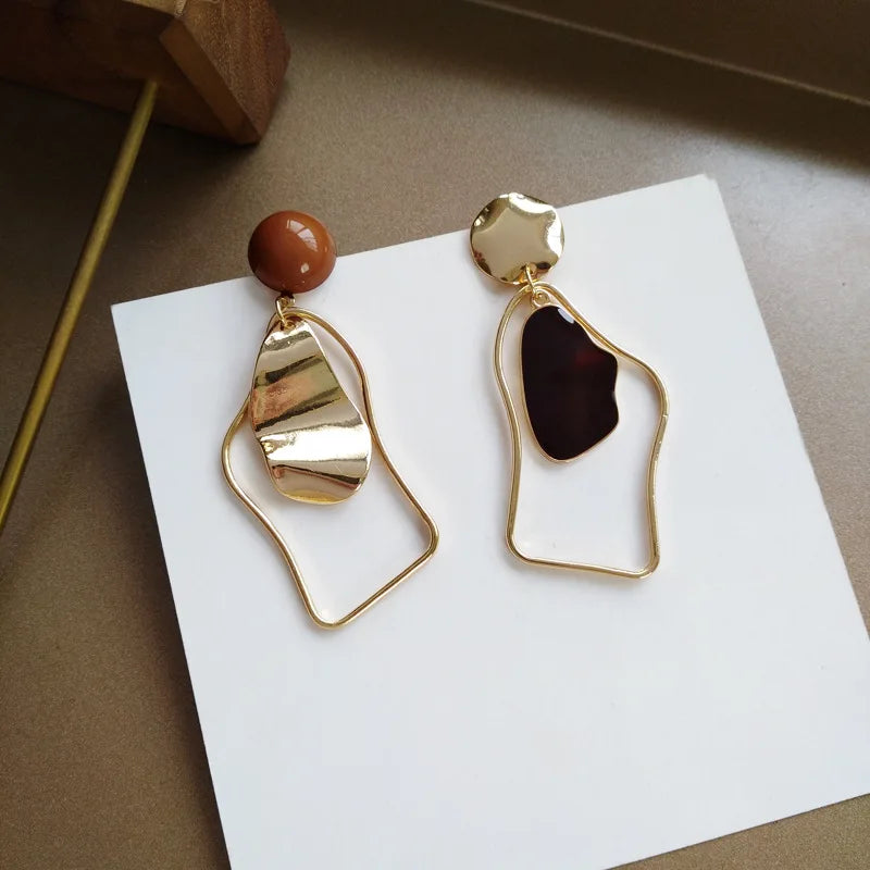 Vintage Geometry Irregular Eardrop Personality Asymmetry Dripping Oil Earrings for Women Fashion Daily Commuting Jewelry Gifts - Acros