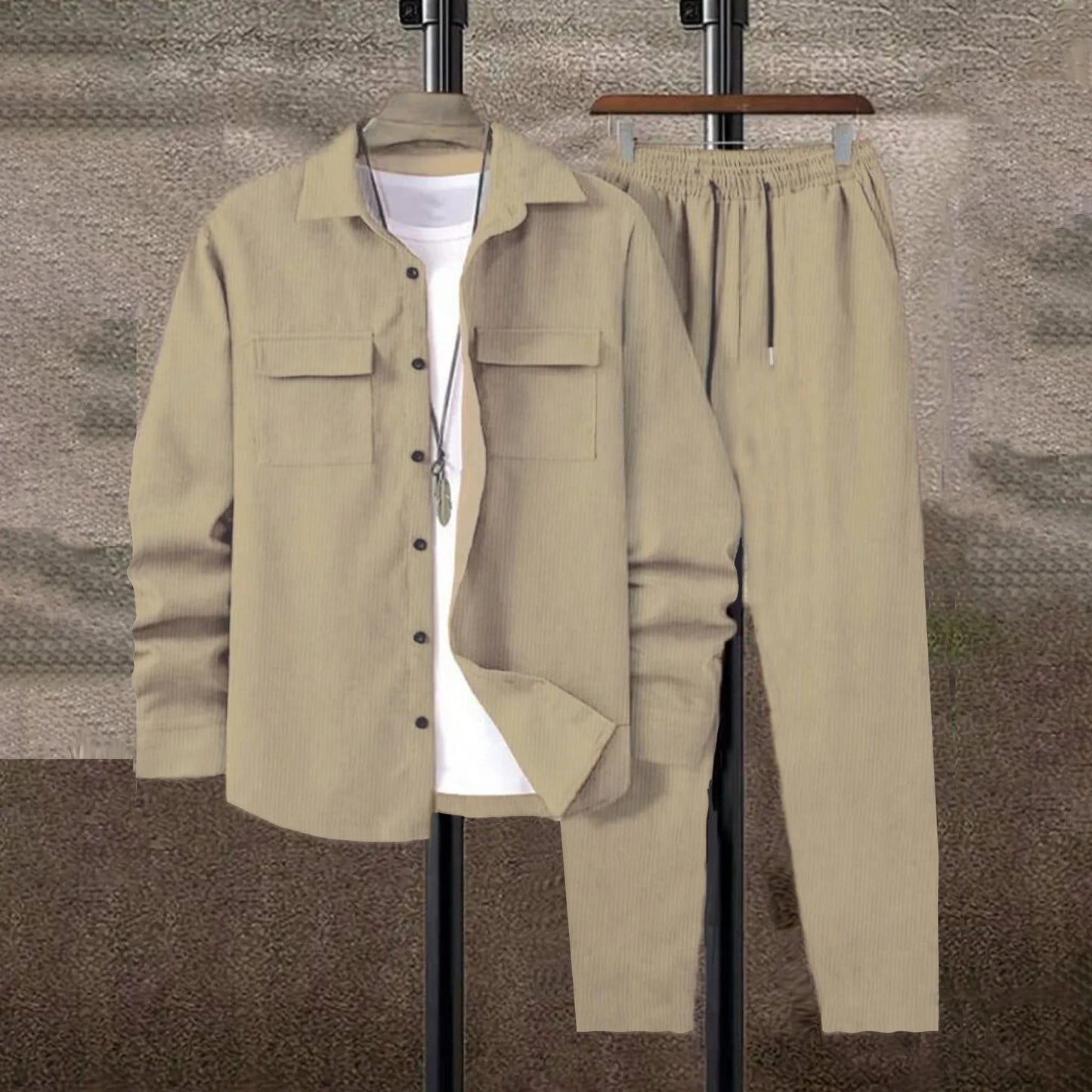 Men's solid color corduroy suit by Ansoff, including long sleeve shirt and matching pants, casual and stylish for everyday wear.