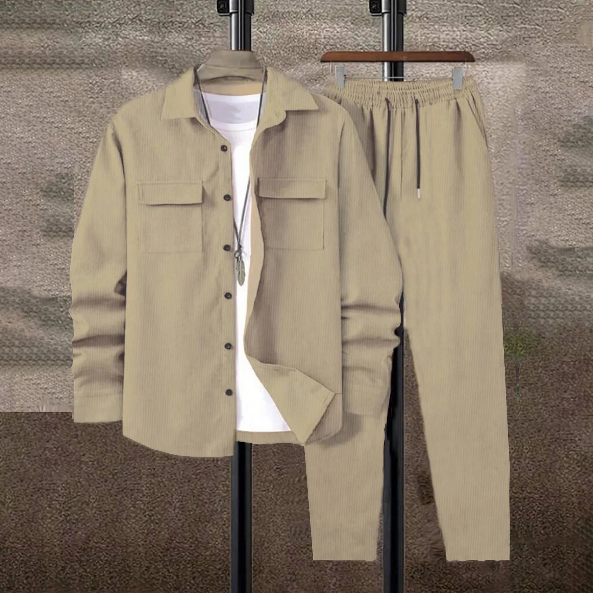 Men's solid color corduroy suit by Ansoff, including long sleeve shirt and matching pants, casual and stylish for everyday wear.