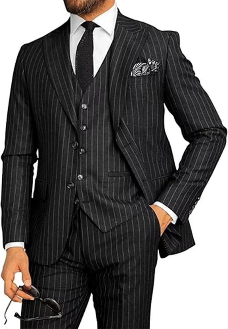 Elegant men's pinstripe three-piece suit with blazer, vest, and pants by Ansoff, featuring peak lapels for wedding or business attire.