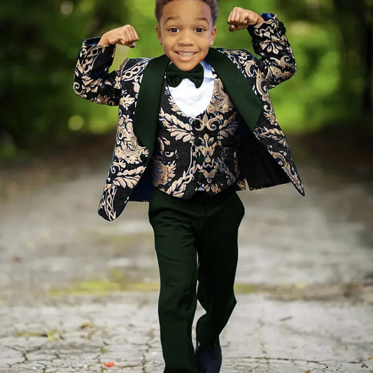 Boy's slim fit jacquard 3-piece wedding tuxedo suit by Ansoff, featuring a stylish jacket, vest, and trousers for formal celebrations.