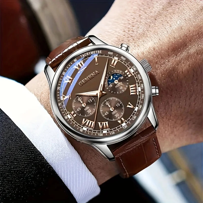 GENEVA High Quality Men's Luxury Belt Fashion Quartz Watch Men Round Business Student Sport Waterproof Glow Clock - Acros