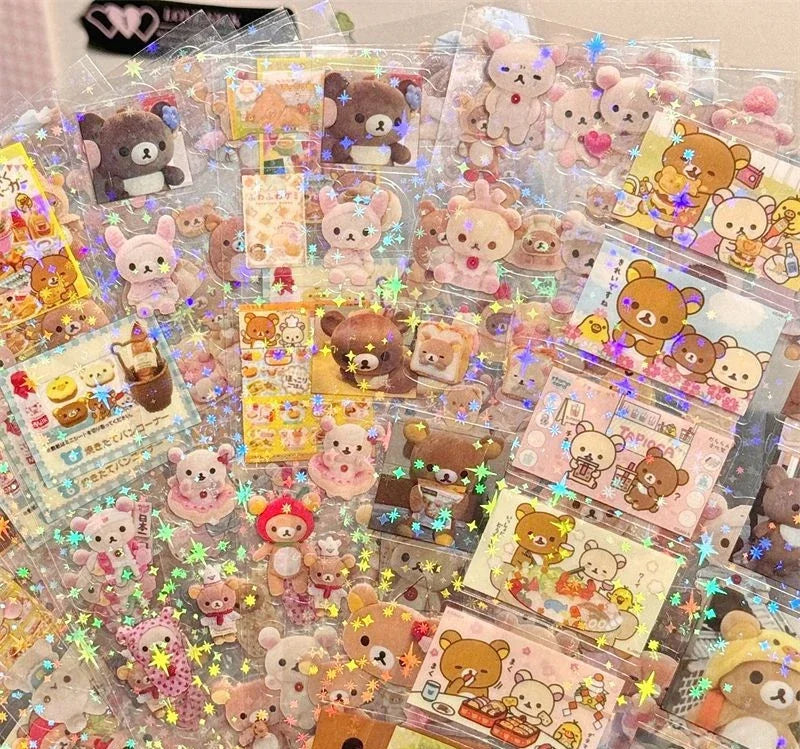 Set of 5 cartoon Hello Kitty and Rilakkuma die-cut stickers featuring cute cat designs, flashing laser details for anime-themed notebooks.