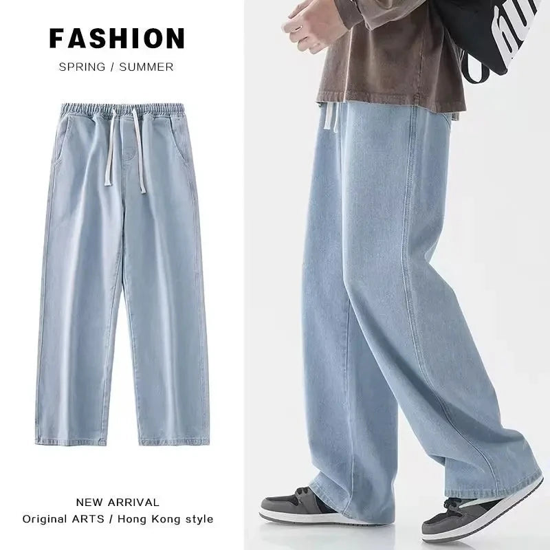Men's large denim jeans by Ansoff, baggy streetwear trousers for teens and men, casual Korean style denim pants.