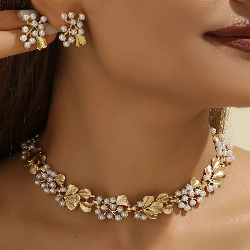 3 Pcs Rhinestone Pearl Earrings Necklace Set Two-piece Vintage Choker Accessory Light Luxury Jewelry Sets Wedding