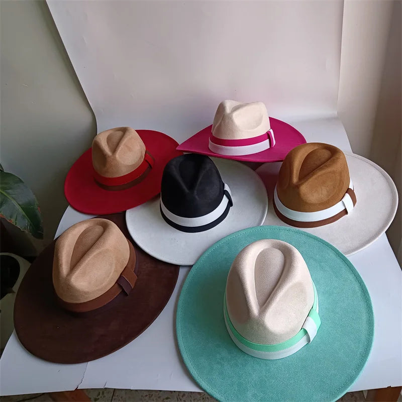 Colorblock ribbon suede wide-brim felt hat for women and men, stylish British retro autumn winter fashion by Ansoff.