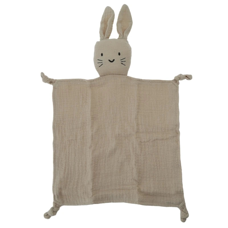 Soft gauze baby soothe blanket and teether with rabbit design, perfect for cuddling, sleeping, and comforting infants.