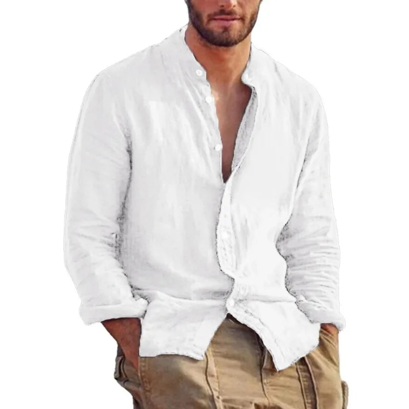 Sweatwear Men's Long Sleeve Shirt Linen Solid Color Shirts Trend Stand Collar Casual Lightweight Breathable Tops Hawaiian Shirt - Acros